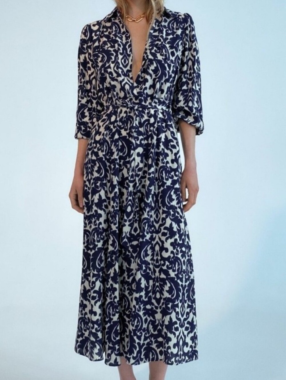 Zara Emilie Blue & Cream Batik Damask Floral Long Sleeve Midi Shirt Dress w/Tie